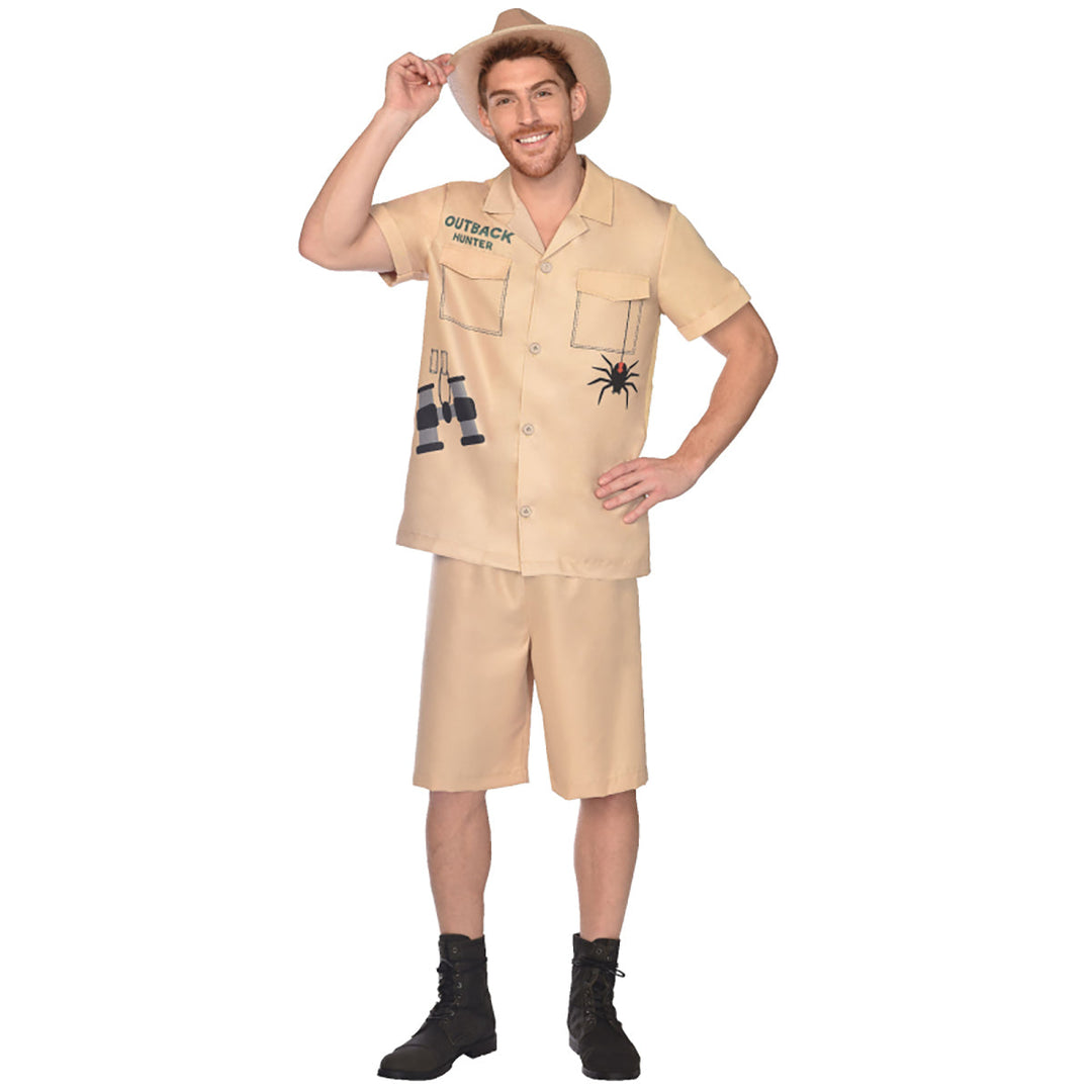 Outback Hunter Mens Costume featuring authentic safari hat, khaki shirt, and rugged cargo shorts