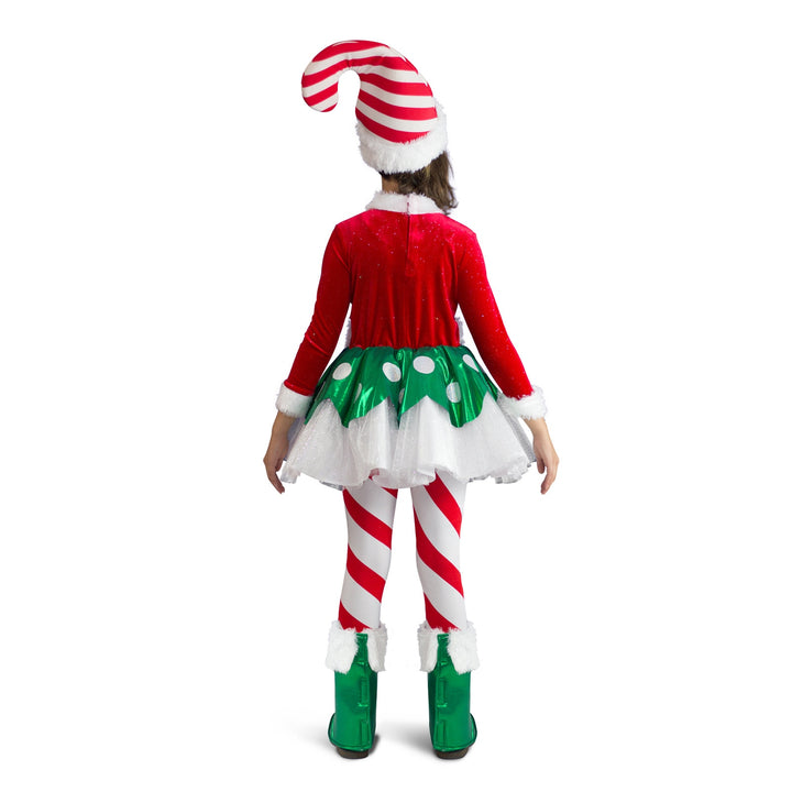 Smiling child wearing Candy Cane Elf Princess Costume