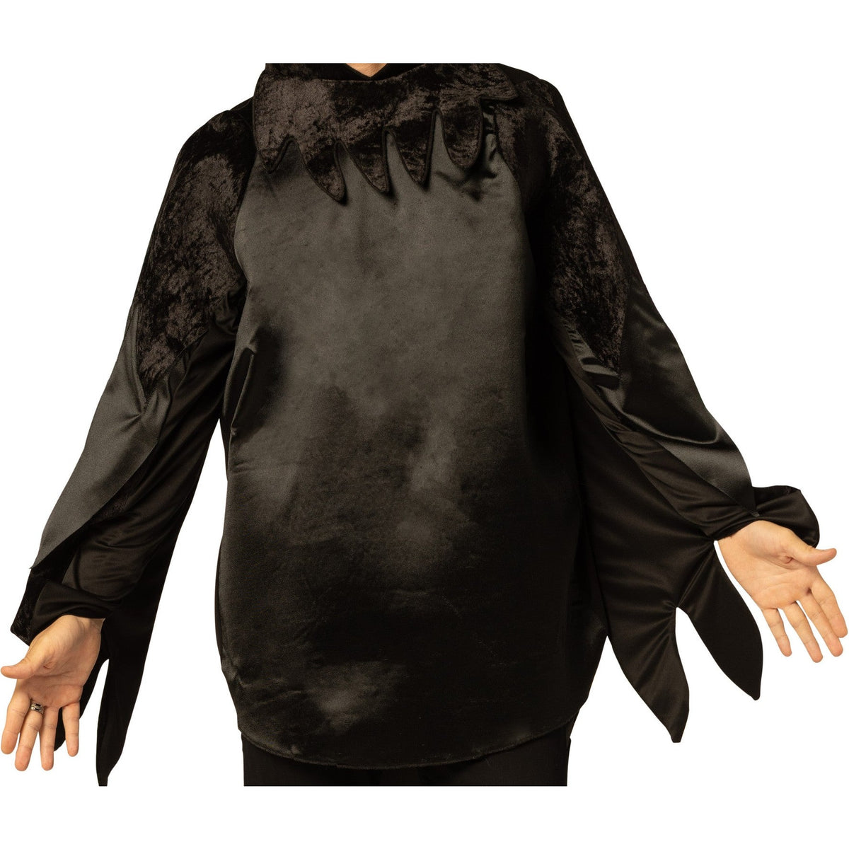 Black hooded garment with lace details on a white background