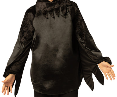 Black hooded garment with lace details on a white background