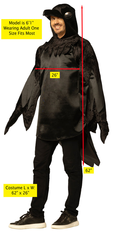 Person wearing a black costume with measurements indicated