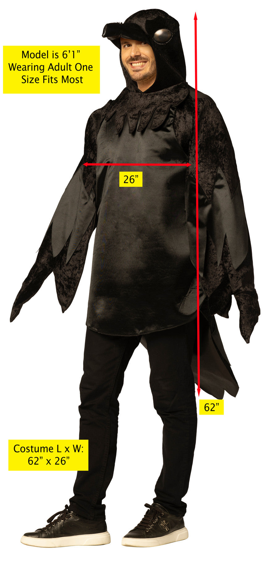 Person wearing a black costume with measurements indicated