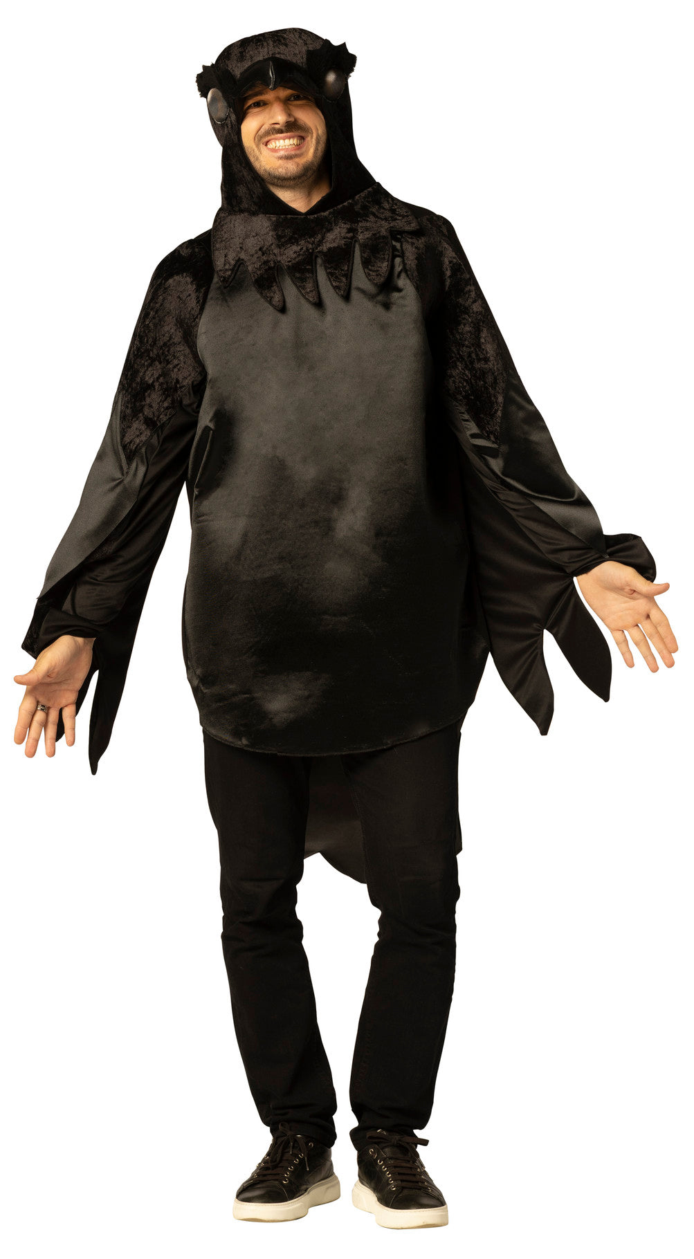 Person wearing a black animal costume on a white background
