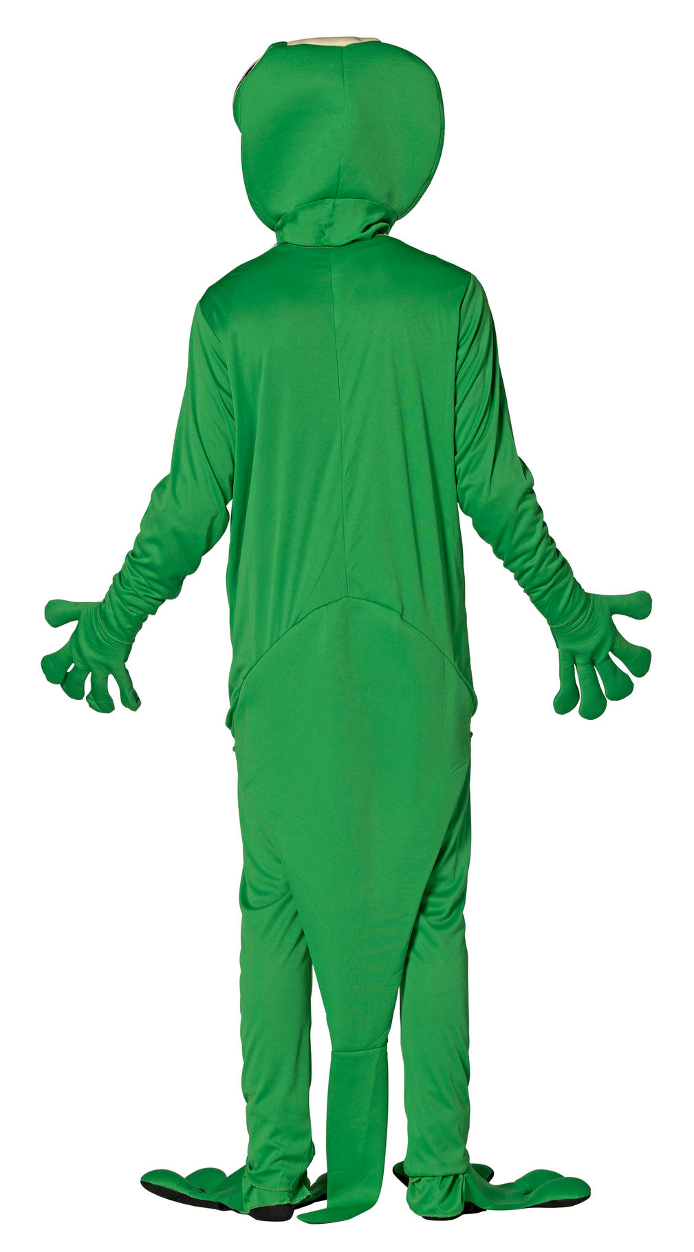 A green frog costume shown from the back on a person, featuring a hood, long sleeves with glove-like ends, and matching foot covers, photographed against a plain white background.