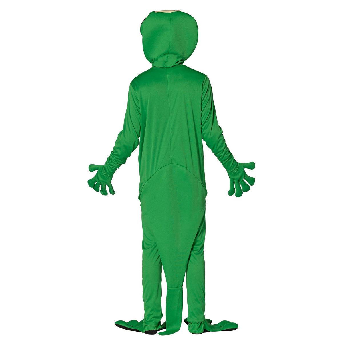 A green frog costume shown from the back on a person, featuring a hood, long sleeves with glove-like ends, and matching foot covers, photographed against a plain white background.