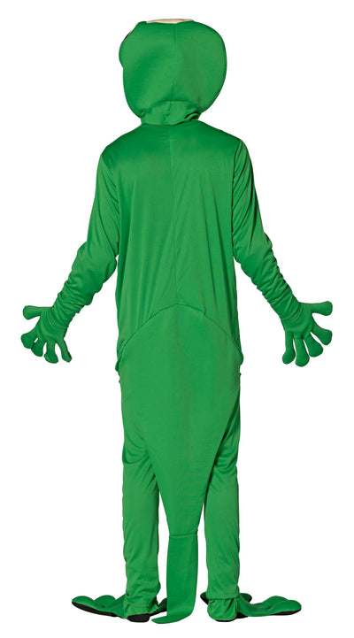 A green frog costume shown from the back on a person, featuring a hood, long sleeves with glove-like ends, and matching foot covers, photographed against a plain white background.