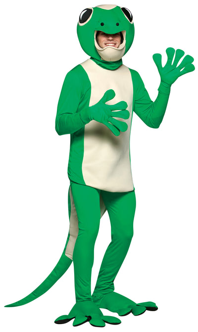 A child wearing a green and cream frog costume with a hooded head, gloves, and matching leg coverings, standing against a plain white background.