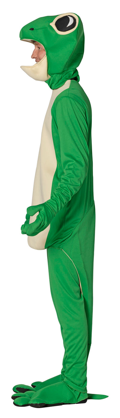 A person wearing a full-body frog costume with a hood, green body, cream belly, and large printed eyes, shown in side profile on a plain white background.