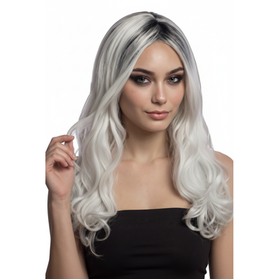 Sophia Shadow Ice ultra-long silver-white wavy wig with dark roots