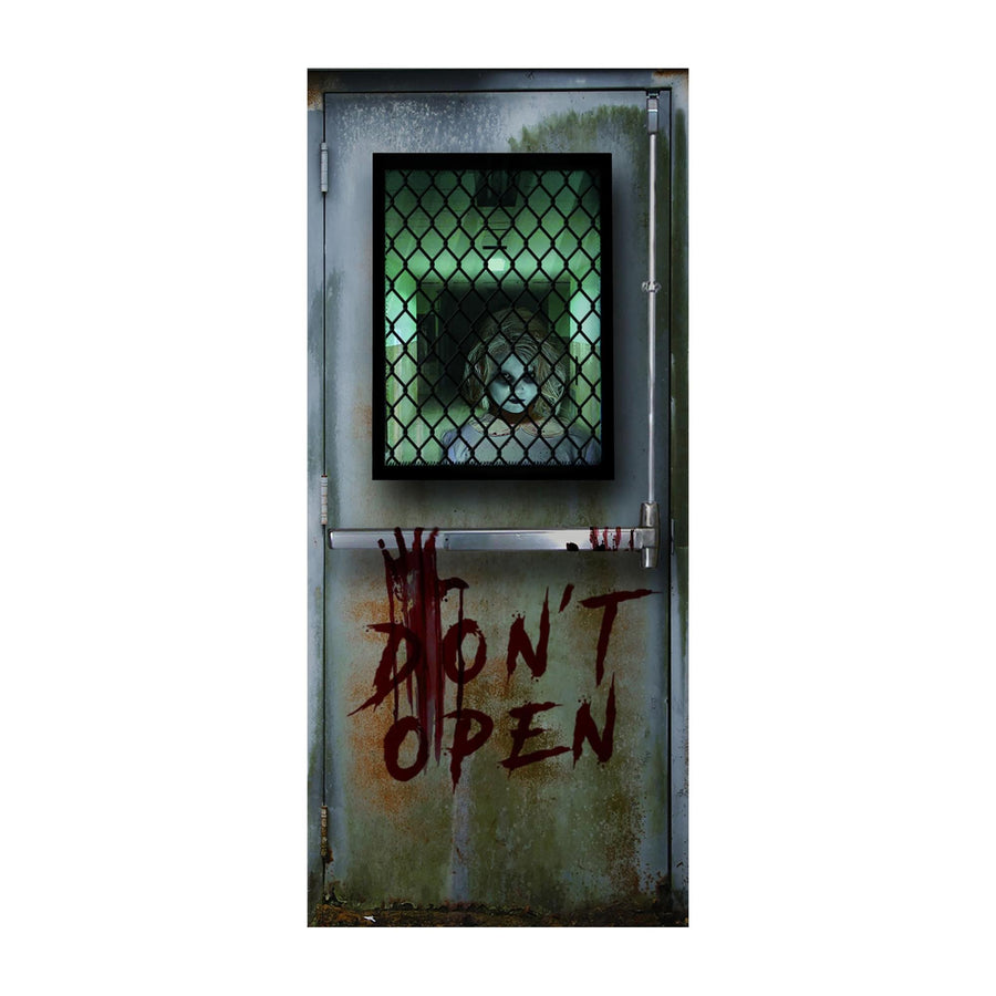 Alt text: Spooky Halloween door decoration featuring a menacing 71 Psycho Killer figure with blood splatter, perfect for adding a terrifying touch to your haunted house decor