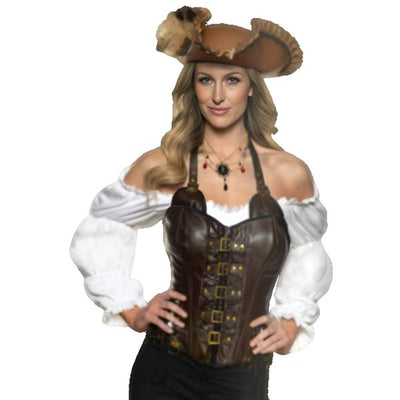 Vinyl Corset Halter Neck Corset with Metal Buckles - Brown