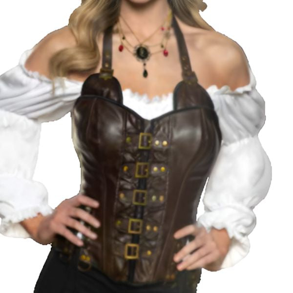Vinyl Corset Halter Neck Corset with Metal Buckles - Brown