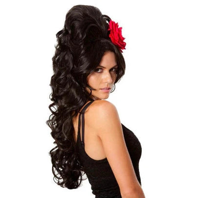 Black Beehive Wig with Red Rose – Amy Winehouse Style
