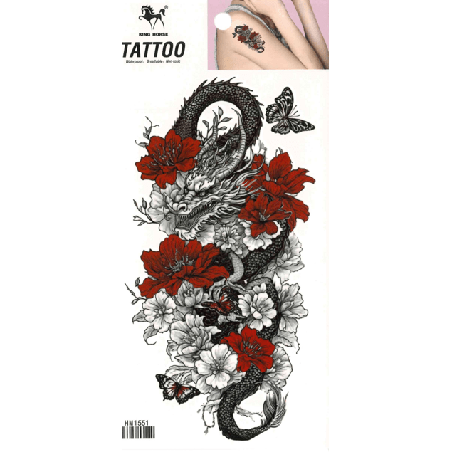 Oriental dragon and floral temporary tattoo