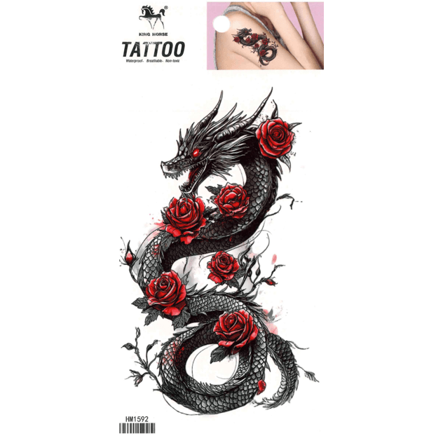 Dragon and red rose temporary tattoo