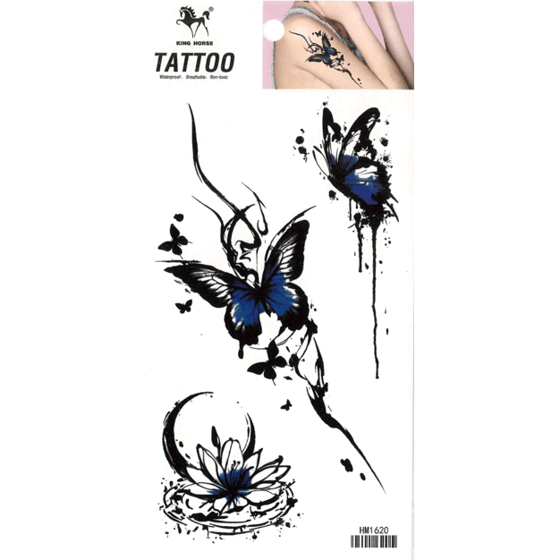 Blue butterfly and lotus flower temporary tattoo