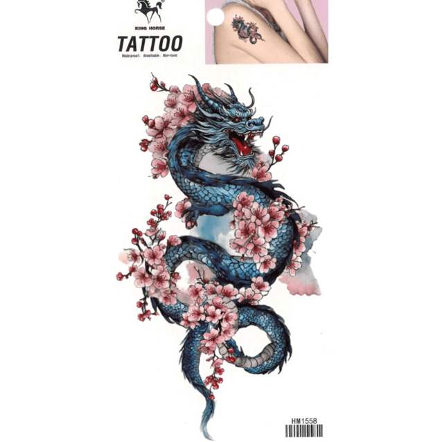 Blue Dragon and Sakura temporary tattoo