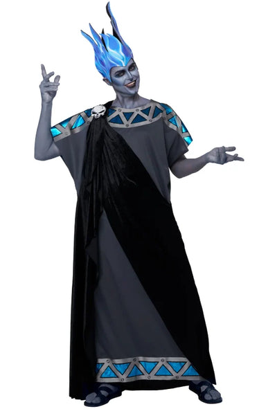 A person modeling a dark gray and black costume dress with blue and silver geometric trim, a tall blue horned headpiece, and gray face paint, posed against a plain white background.