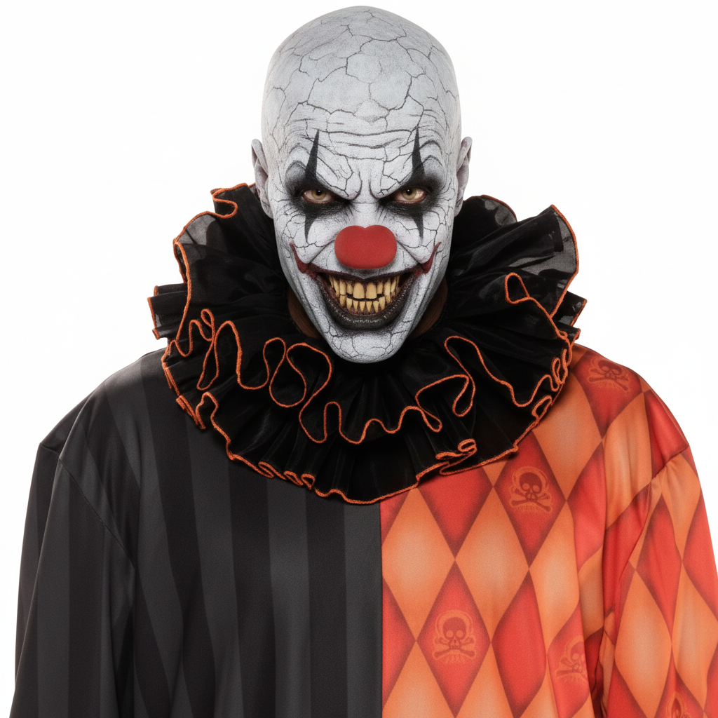 A full-body model wearing an evil clown costume against a plain white background. The costume is two-tone, split vertically with a black left side and an orange-and-red harlequin pattern on the right side, with a black ruffled collar and black gloves.
