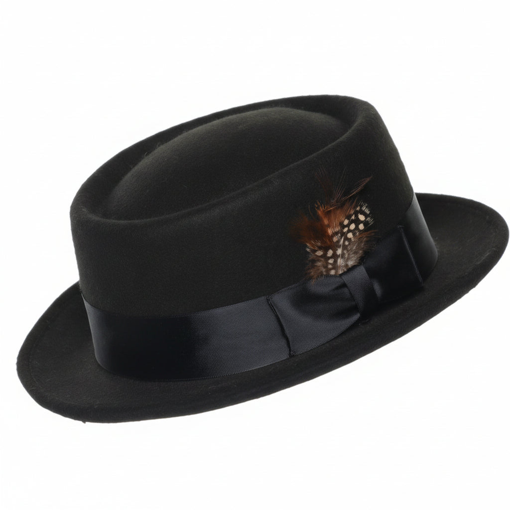 A black felt porkpie hat with a wide brim and a decorative feather accent on the side, shown against a white background with product text below.