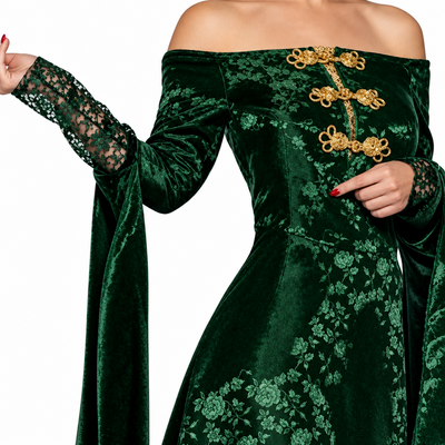 A woman modeling a dark green off-the-shoulder gown with gold embroidery and lace sleeves, shown against a white background with partial view of another model in black clothing at the left edge.