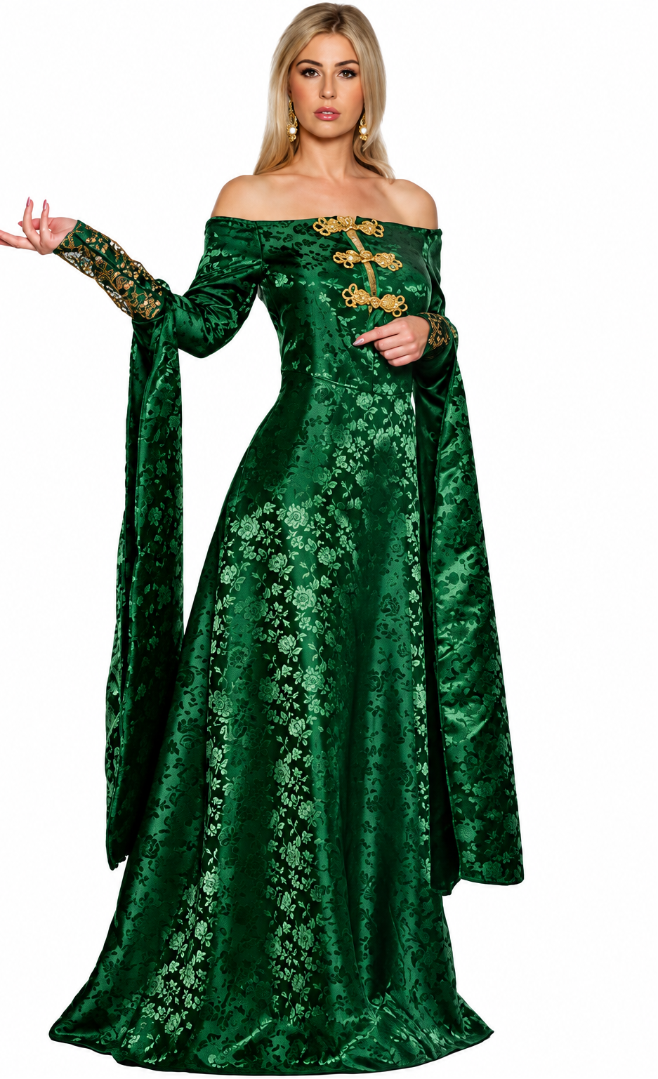 A woman modeling a dark green off-the-shoulder gown with gold embroidery and lace sleeves, shown against a white background with partial view of another model in black clothing at the left edge.