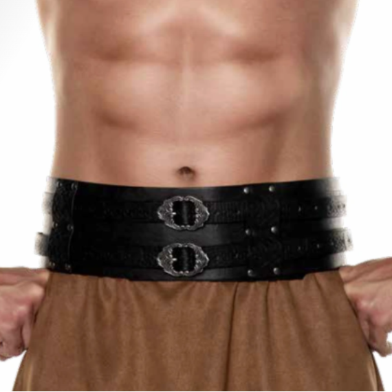 A cropped studio photo of a male model from the waist to upper thighs wearing a black faux leather Roman-style belt with two large buckle closures and matching black arm guards, against a white background. Product text appears below the photo, and a red 'New! for 26' badge is on the right.