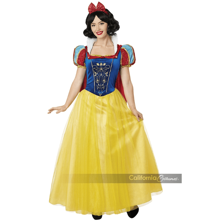 Snow White Deluxe Womens Costume with blue bodice and yellow skirt