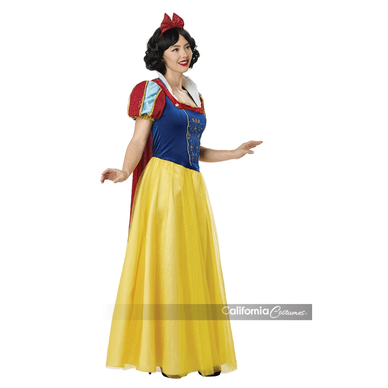 Princess-inspired Snow White Deluxe Womens Costume with red bow detail