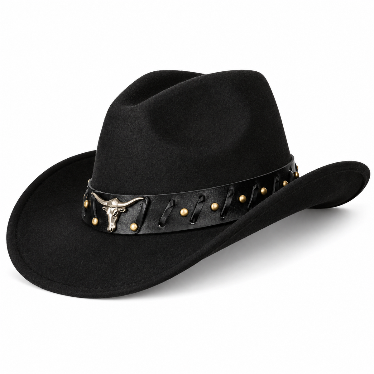 A black felt cowboy hat with a black leather band decorated with gold studs, a silver-toned steer skull buckle, and black leather tabs, shown on a white background.