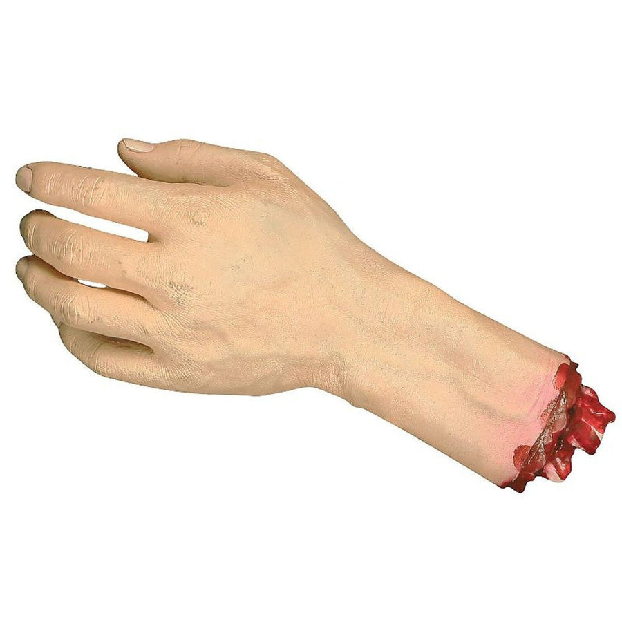 A realistic severed cutoff hand prop, perfect for Halloween decorations and costumes