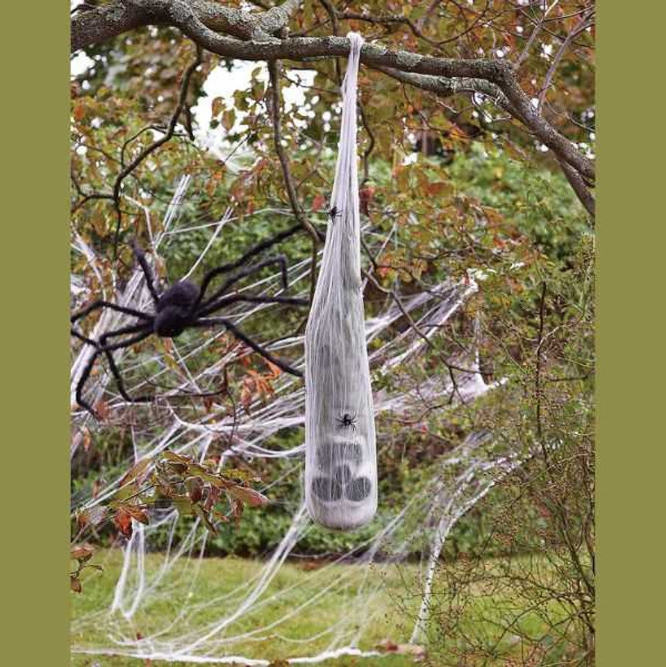 Alt text: Realistic human skull entangled in a spider cocoon, a spooky and eerie Halloween decoration for your home