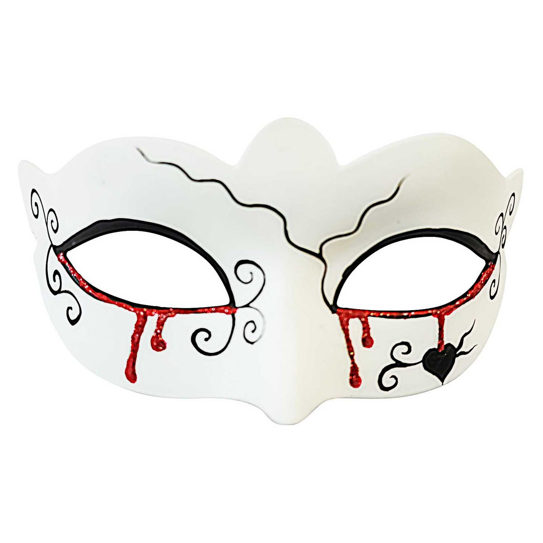 Alt text: White Day of the Dead mask with intricate design, red and black details, and bleeding eyes for a haunting and spooky look