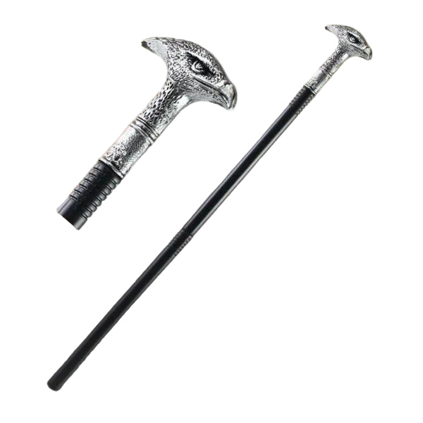 A black walking cane with ornate silver metal bird-shaped handle.