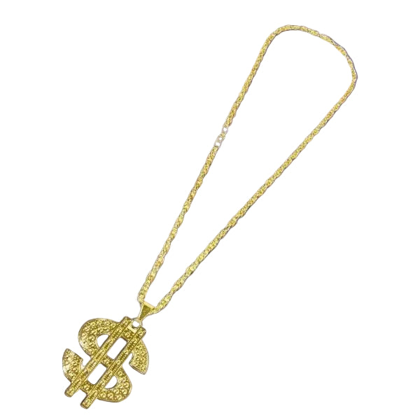 A gold-tone dollar sign pendant necklace on a matching chain, displayed against a dark blue to black gradient background.