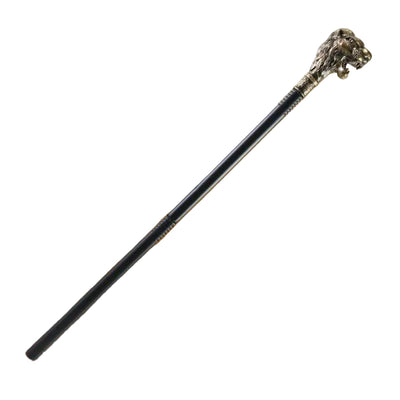 A long black staff or cane with an ornate metallic lion head handle, shown diagonally.