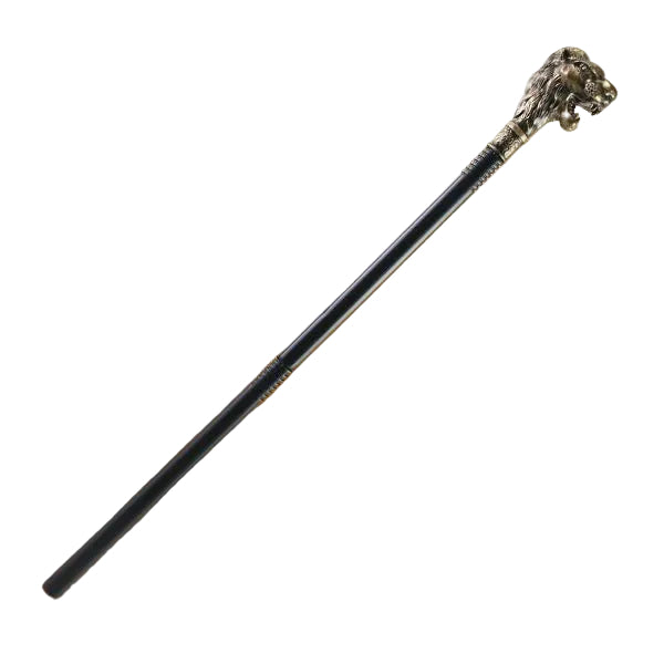 A long black staff or cane with an ornate metallic lion head handle, shown diagonally.