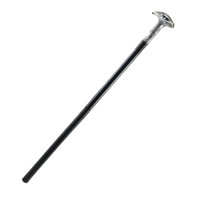 A long black cane with a detailed silver-toned skull handle, shown diagonally.