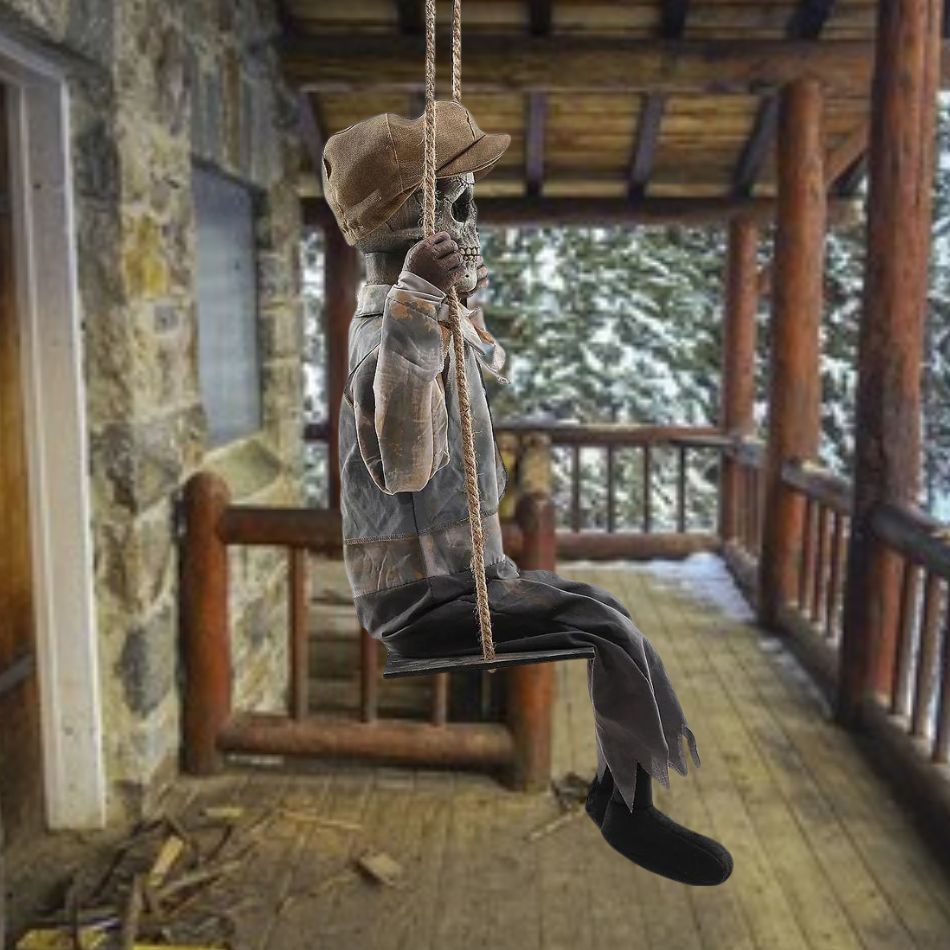 Halloween decoration of a Swinging Skeletal Boy with realistic bone details
