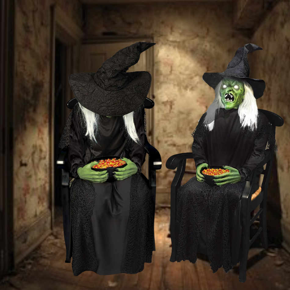 Alt text: Sitting Witch Halloween decor with black hat, broom, and orange dress