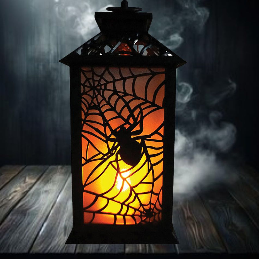 115 Flaming LED Plastic Lantern with Spider, Halloween decoration, spooky, illuminated lantern with spider design, orange and black color scheme