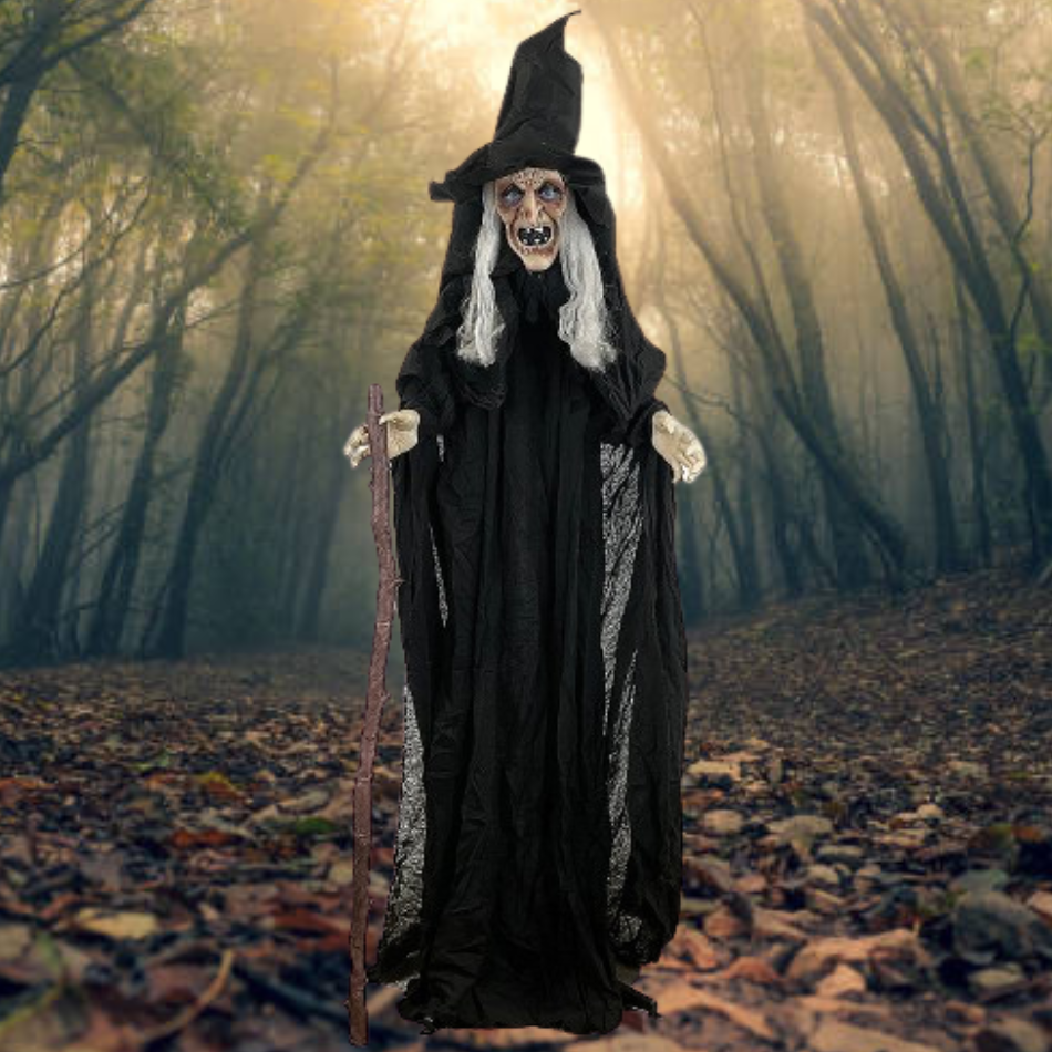 Alt text: A spooky and lifelike animated witch with a black cane