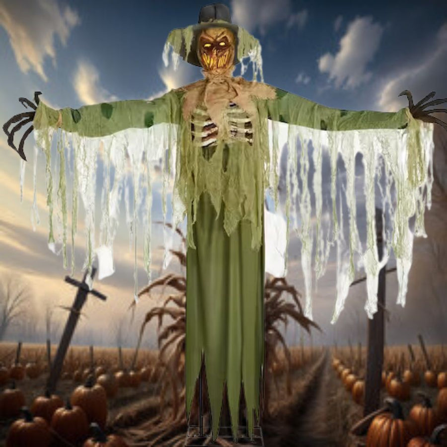 A realistic 6 foot Inferno Scarecrow Animated Prop with glowing eyes and moving arms