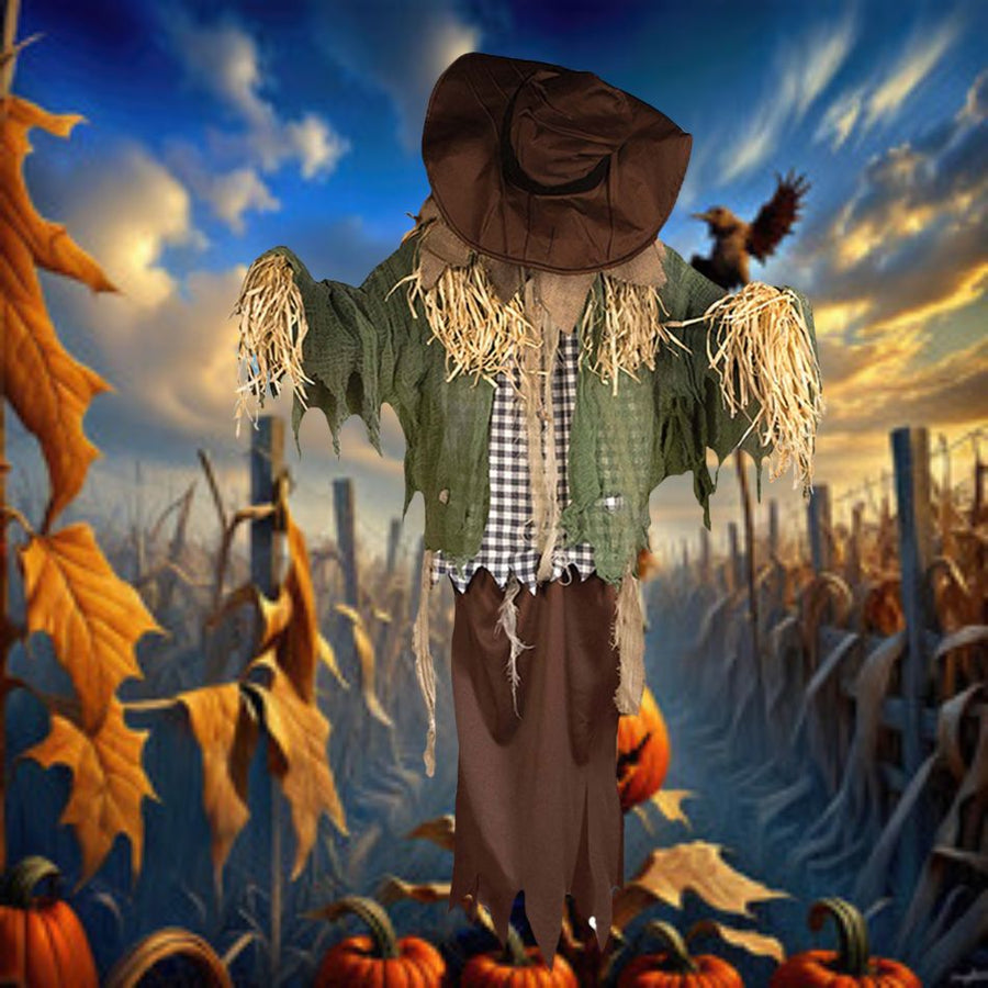 6' Hanging Scarecrow with straw hat and plaid shirt 
