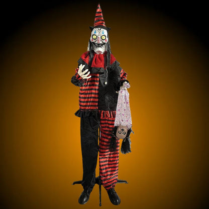 Colorful 72-inch standing shaking clown with polka dot outfit and oversized shoes