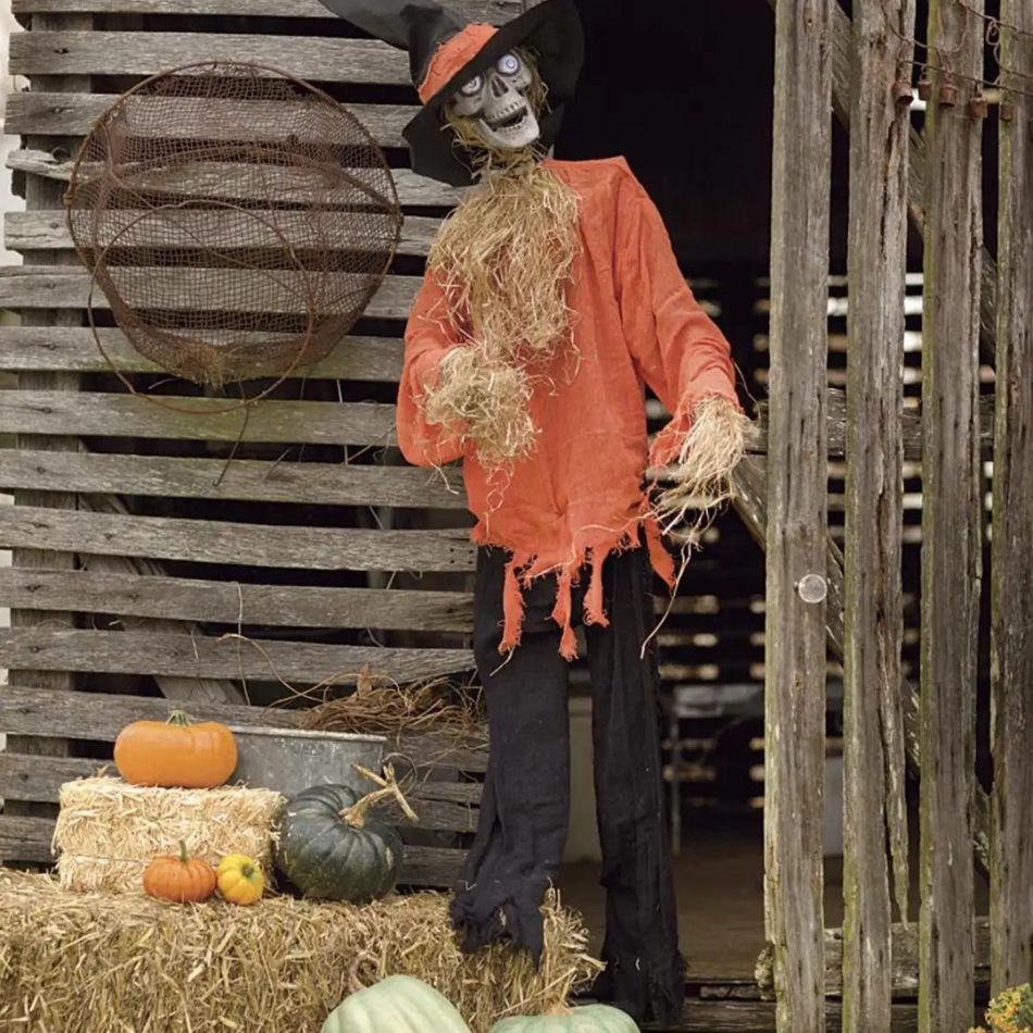 Standing scarecrow moving head with red shirt and straw hat