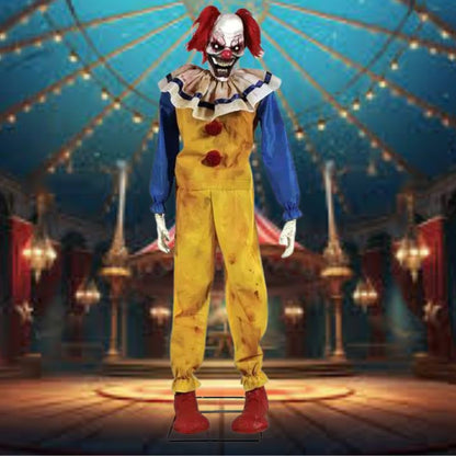 Animated clown prop with twitching movements and colorful, eerie design for Halloween decor