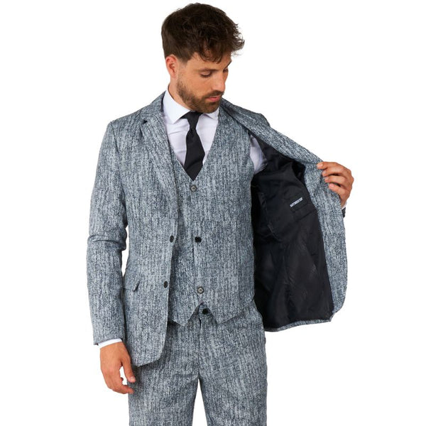 A vintage-inspired 20's gangster grey suit with pinstripes and matching vest