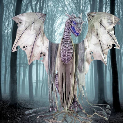 Realistic 7-foot tall Winter Dragon Animated Prop with glowing eyes and moving head and wings