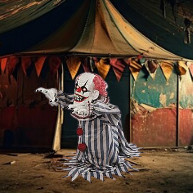 Colorful jumping clown prop with spring legs and big red nose